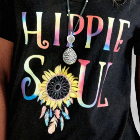 "HIPPIE SOUL" SUNFLOWER FEATHER TIE-DYE T-SHIRT - Picture 2 of 4